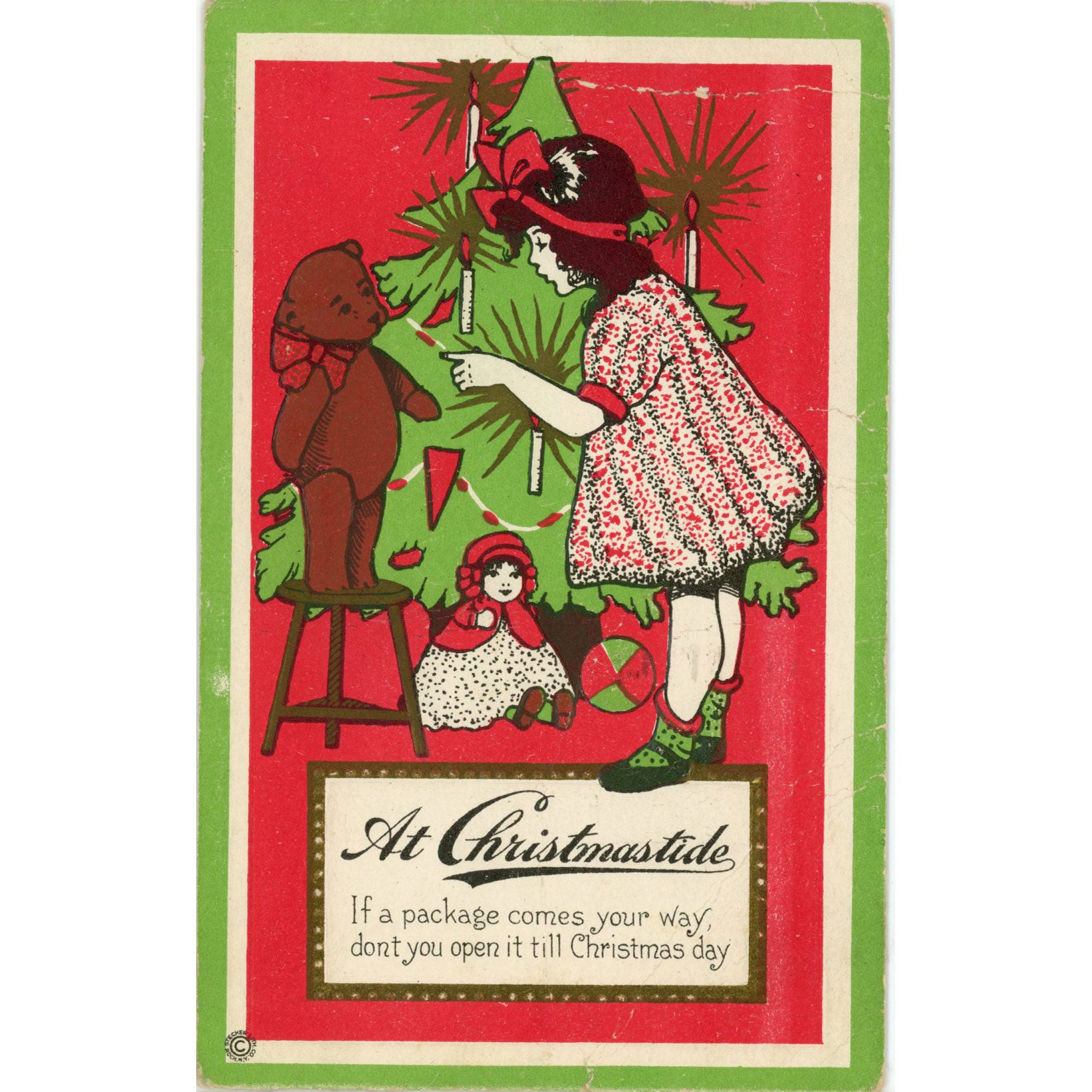 Vintage Christmas Embossed Girl Teddy Bear Postcard STECHER 1922