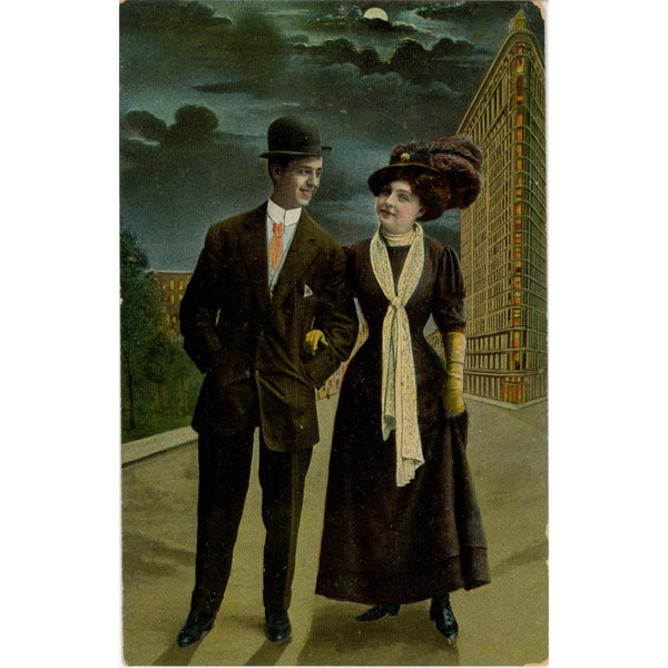 Romantic Couple Strolling in Moonlight Vintage Postcard c. 1910s