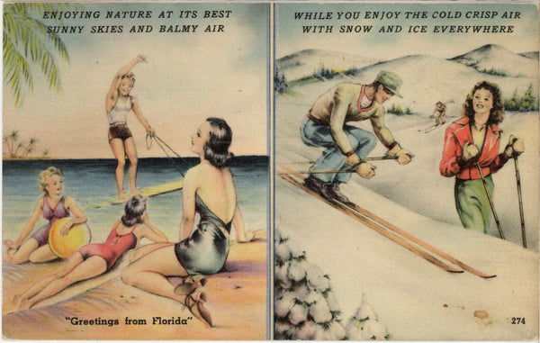 Summer Beaches vs Winter Ski Slopes Vintage Florida Postcard 1952