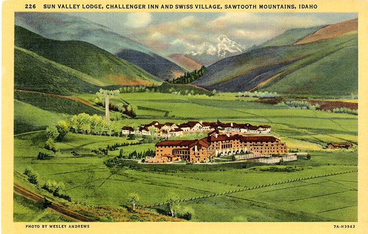 Sun Valley Lodge Challenger Inn & Swiss Village Sawtooth Mountains Idaho Vintage Postcard 1942