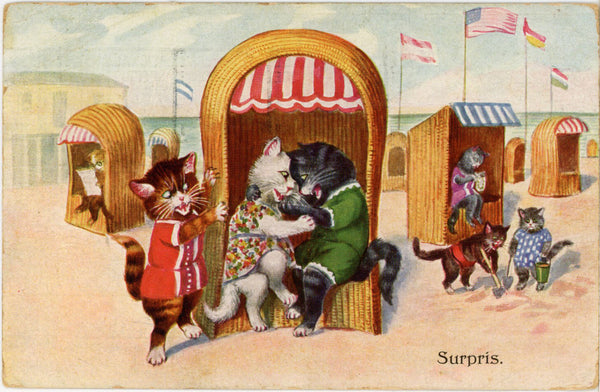 Anthropomorphic Cats Kissing at Beach Arthur Thiele Vintage Postcard 1920