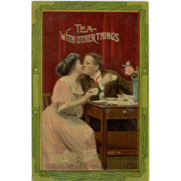 Tea With Other Things Romantic Couple Kissing Vintage Rotograph Postcard c 1910s