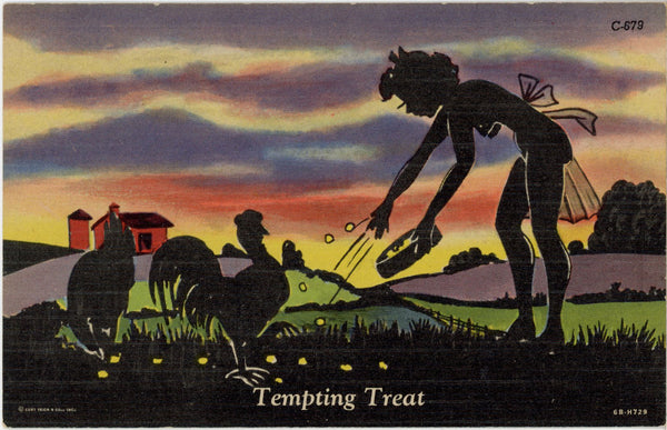 Tempting Treat Risque Silhouetted Woman Feeding Chickens Comic Vintage Postcard (unposted)