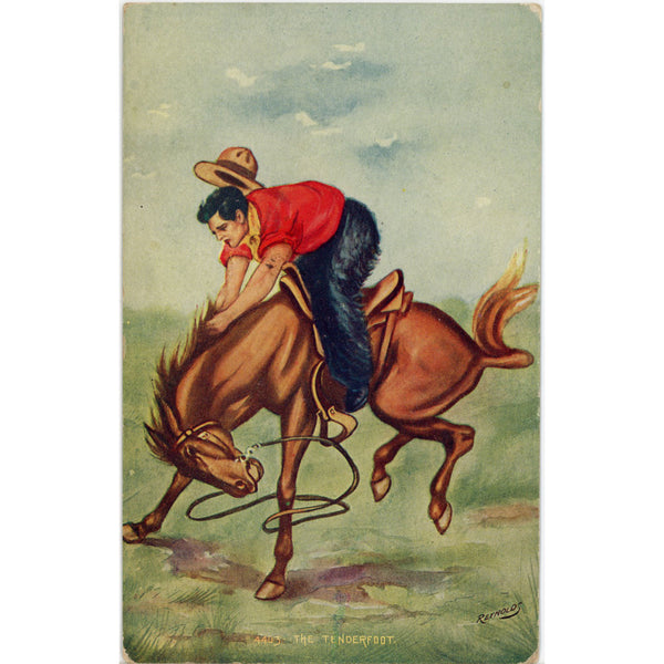 Tenderfoot Cowboy Bucking Bronco Signed REYNOLDS Vintage Western Postcard c. 1910