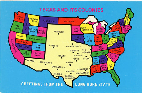 Texas State Map & Its Colonies Vintage Postcard (unused)