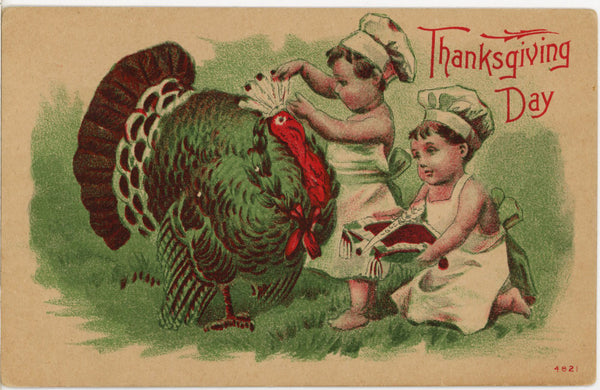 Turkey and Little Boy Chefs Thanksgiving Vintage Postcard c. 1910s
