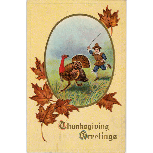 Pilgrim Boy Chasing Turkey w/ Stick Thanksgiving Vintage Embossed Postcard 1913
