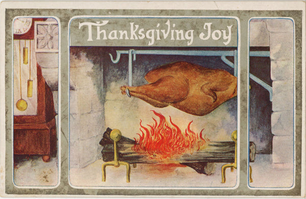 Thanksgiving Joy Turkey Roasting in Fireplace Vintage Embossed Postcard c. 1910s