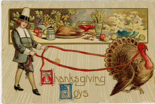 Pilgrim Reining In Turkey Thanksgiving Joys Vintage Postcard 1912