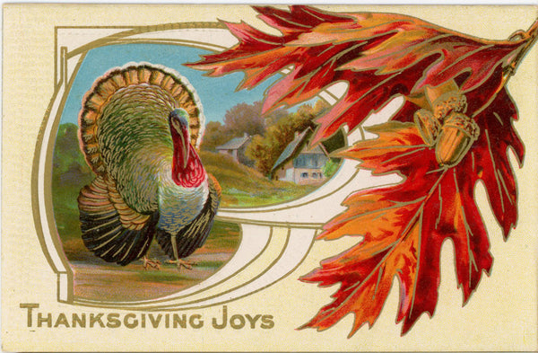 Thanksgiving Joys Turkey Fall Foliage Vintage Embossed Postcard c. 1910 (unposted)