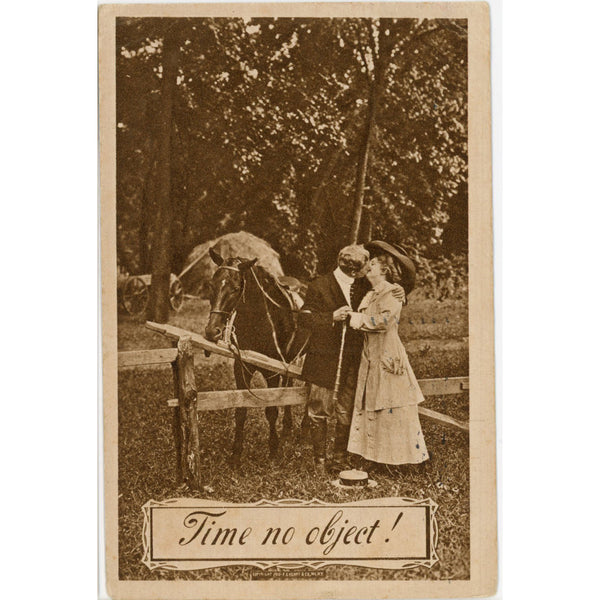 Time No Object Victorian Couple Kissing by Horse Vintage Postcard 1912