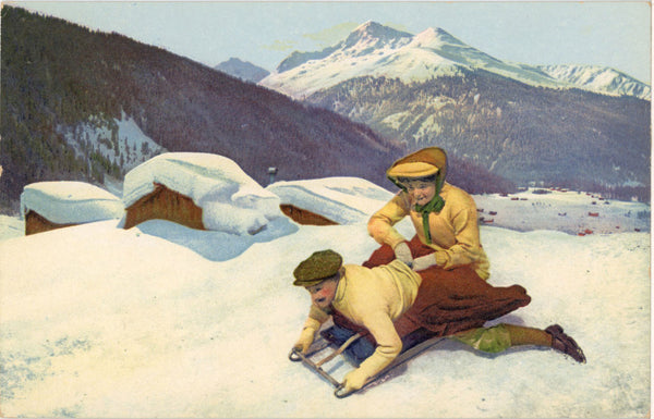 Swiss Children Tobogganing Sledding Vintage Postcard #604 c1940 (unused) - Vintage Postcard Boutique