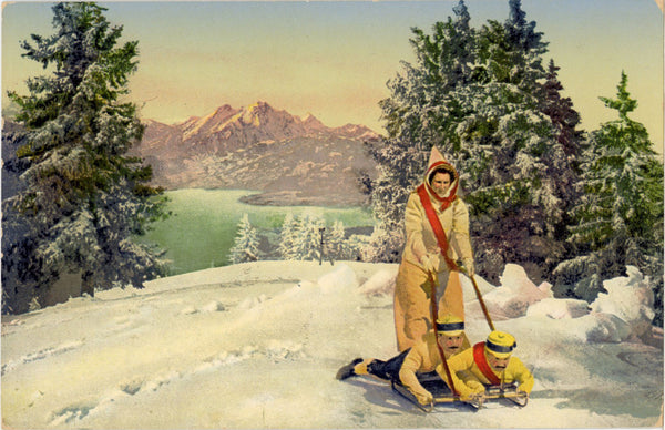 Swiss Woman & Men Tobogganing Sledding Vintage Postcard #1537 c1940 (unused) (Copy) - Vintage Postcard Boutique