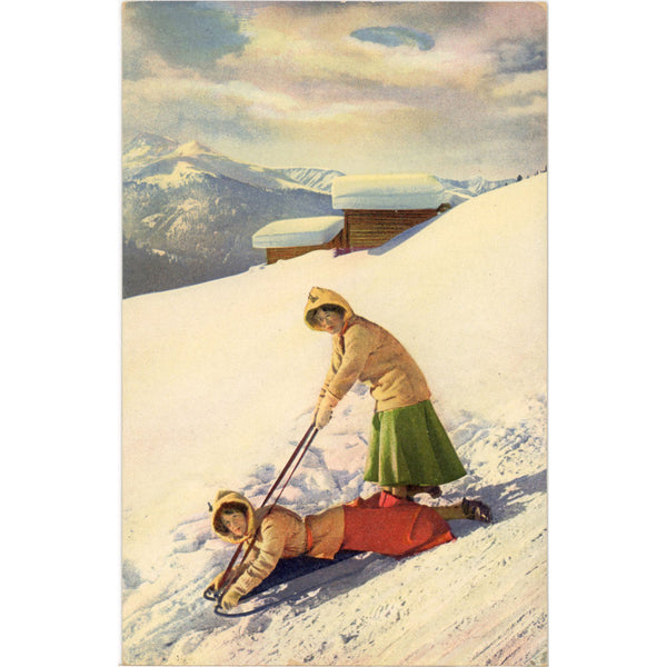 Swiss Women Tobogganing Sledding Vintage Postcard #707 c1940 (unused) - Vintage Postcard Boutique