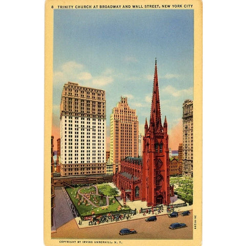 Trinity Church at Broadway & Wall Street New York City Vintage Postcard (unused)