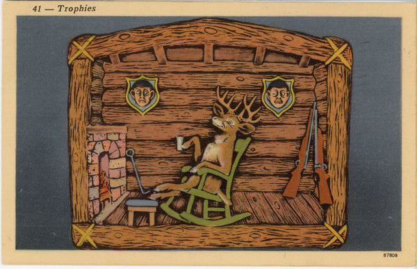 Deer Humor Log Cabin Hunting Trophies Comic Vintage Postcard 1955