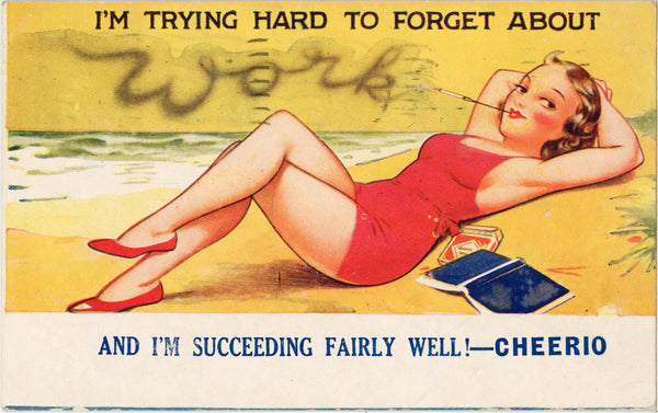 Bathing Beauty on Beach Forgetting About Work Vintage Comic Postcard 1935