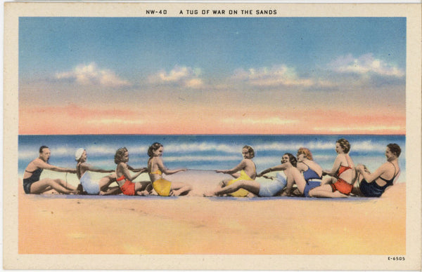 Tug of War on the Sands Beach Scene Bathing Beauties Vintage Postcard (unposted)