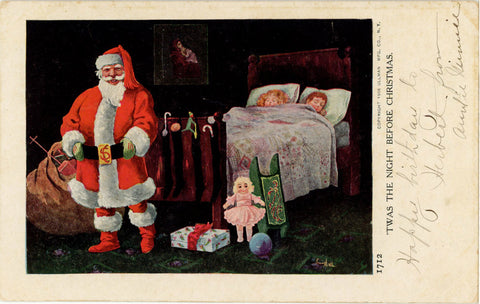 Vintage Christmas postcard with Santa Claus standing by a bed with children.