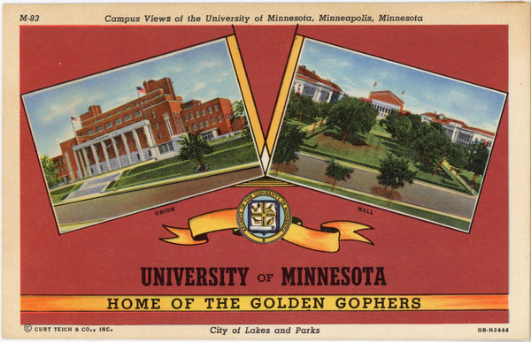 University of Minnesota Home of the Golden Gophers Vintage Postcard (unposted)