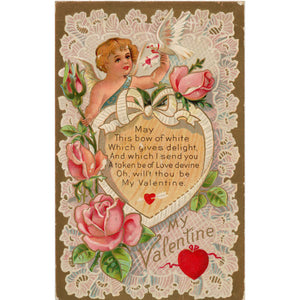 Lace Embossed Cupid Roses Dove - Heart Valentine Series Vintage Postcard 1909 - Vintage Postcard Boutique