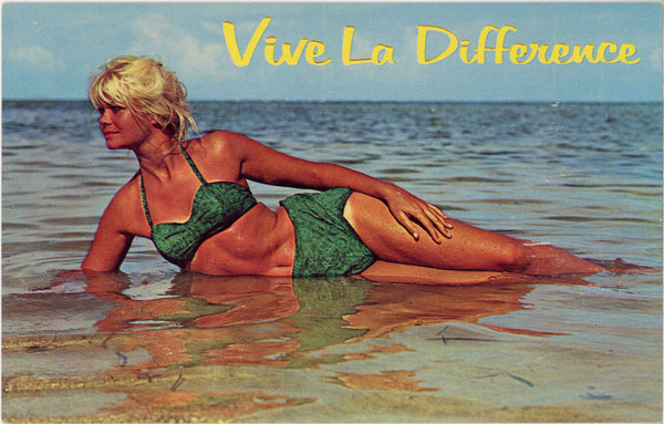 Vive La Difference Pin Up Blonde Bathing Beauty Bikini Beach Vintage Postcard (unposted)