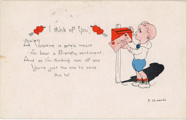 Boy Mailing Valentine Vintage Postcard 1925 signed WEAVER - Vintage Postcard Boutique