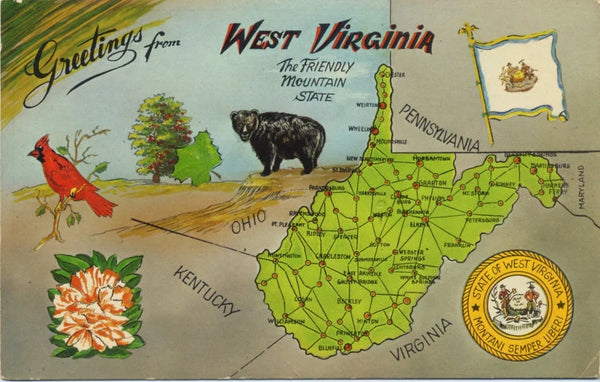 West Virginia Friendly Mountain State Map Vintage Chrome Postcard (unused)