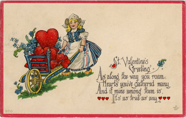 Vintage Embossed Valentine Postcard Dutch Girl Wheelbarrow of Hearts 1914