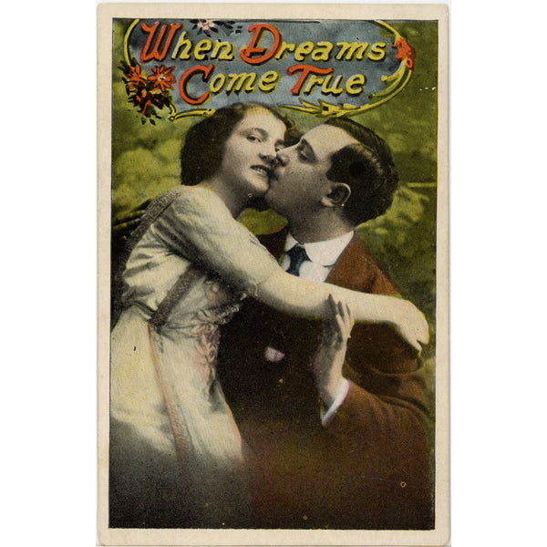 When Dreams Come True Couple Kissing Romantic Vintage Postcard c. 1910 (unposted)