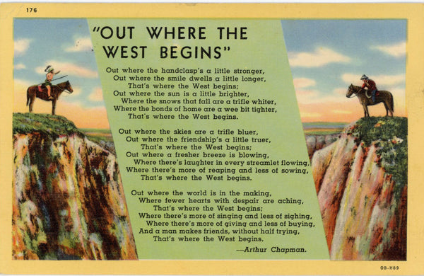Out Where the West Begins Poem Arthur Chapman Vintage Western Postcard 1950