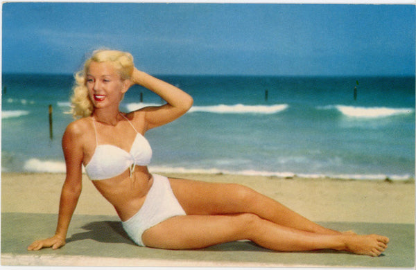 Pin Up Blonde Bathing Beauty in White Bikini Swimsuit Beach Vintage Postcard (unposted)