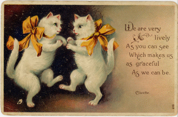 Kittens Dancing Anthropomorphic Yellow Bow Clivette Vintage Cat Postcard c. 1910