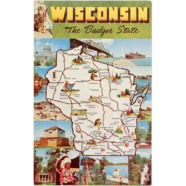 Wisconsin State Map Badger State Vintage Postcard 1961 - Vintage Postcard Boutique