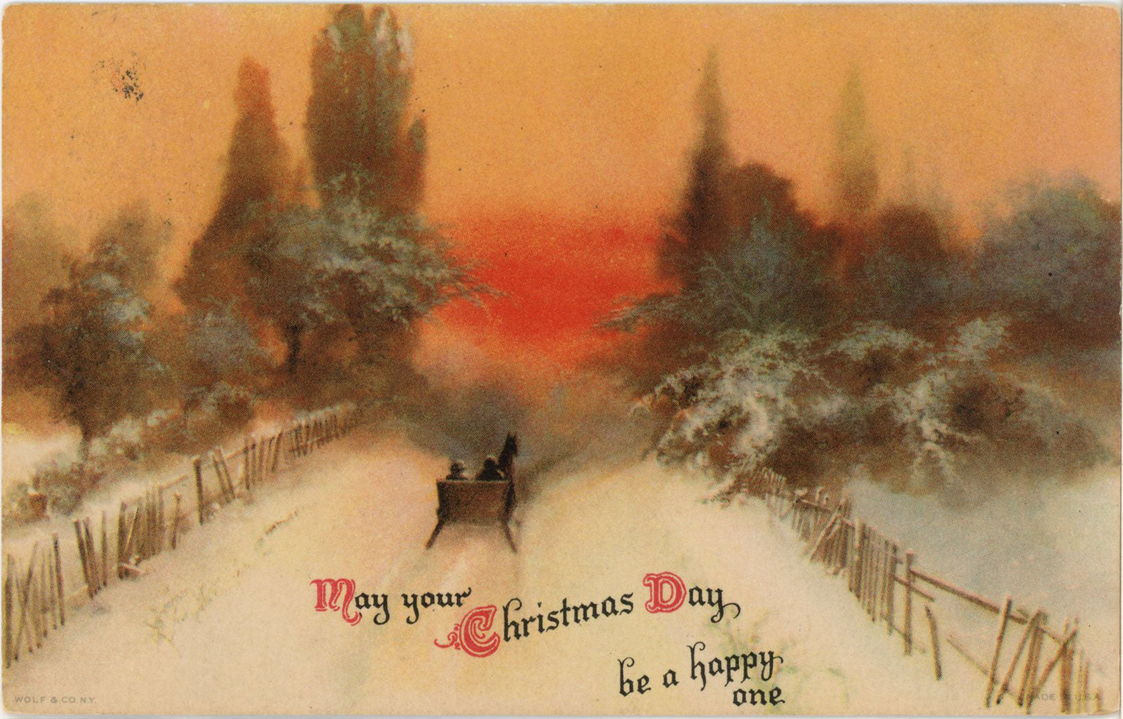 Vintage Christmas Postcard by Wolf & Co. Sleigh Ride on Snowy Road 1925