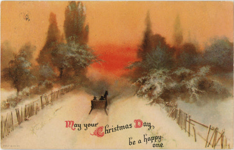 Vintage Christmas Postcard by Wolf & Co. Sleigh Ride on Snowy Road 1925