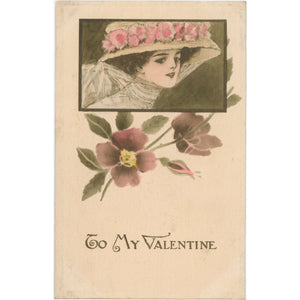 Vintage Pretty Lady in Floral Hat Valentine Postcard 1912 - Vintage Postcard Boutique