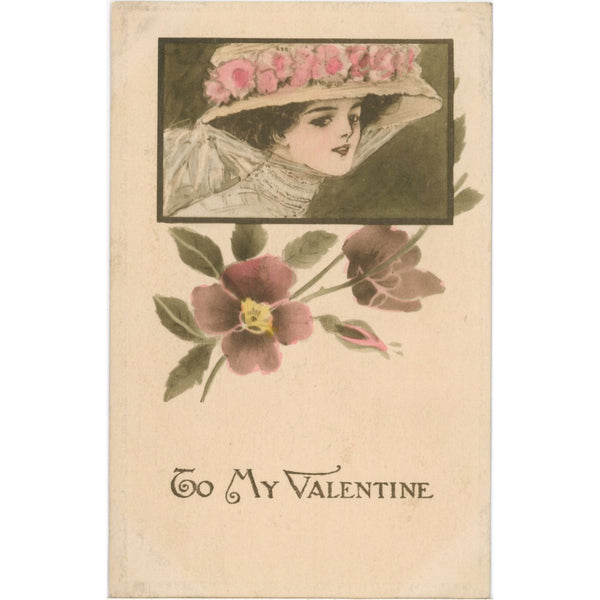 Vintage Pretty Lady in Floral Hat Valentine Postcard 1912 - Vintage Postcard Boutique