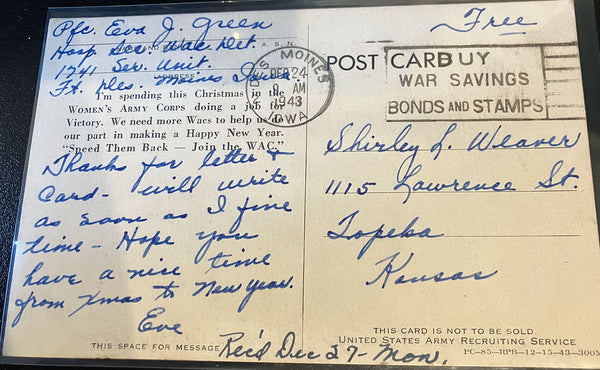 Women's Army Corp Art Deco Christmas Season Greetings Postcard 1943