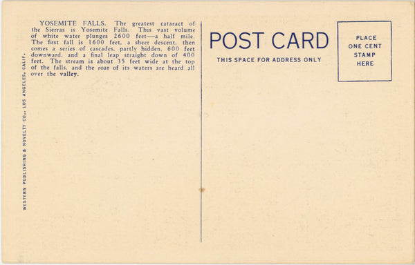 Yosemite Falls Yosemite National Park California Vintage Postcard (unposted)