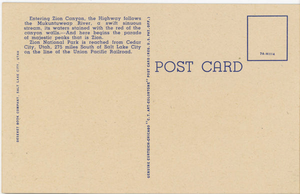 Zion National Park South Entrance Vintage Utah Postcard (unposted)