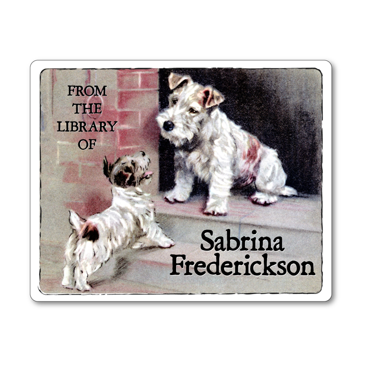 Personalized Vintage Bookplates - Wire Fox Terriers on Doorstep - Dog Lover Gift - Vintage Postcard Boutique
