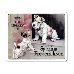Personalized Vintage Bookplates - Wire Fox Terriers on Doorstep - Dog Lover Gift - Vintage Postcard Boutique
