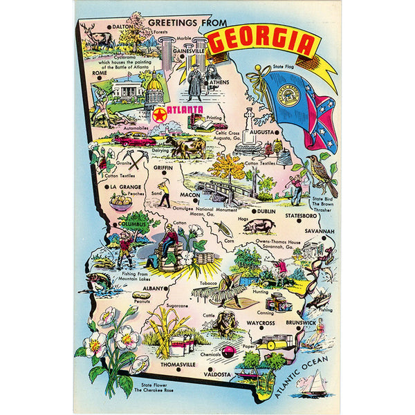 Georgia State Map Cracker State Vintage Chrome Postcard (unused)