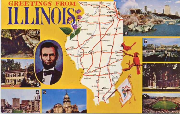 Illinois Multiview State Map Vintage Chrome Greetings Postcard (unused)