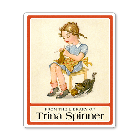 Vintage Personalized Bookplates - Little Girl Knitting with Playful Kitten - Children's Book Labels - Vintage Postcard Boutique