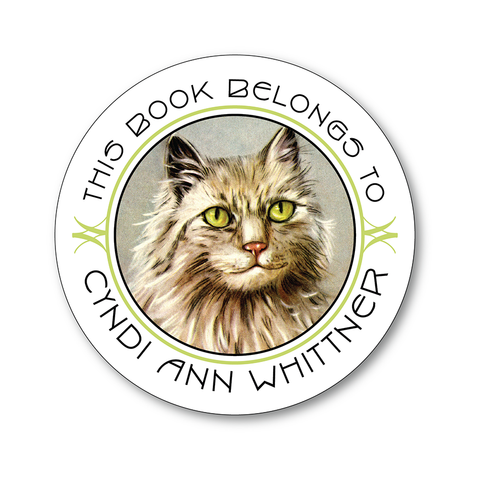 Vintage Green-Eyed Cat Personalized Round Bookplates - Vintage Postcard Boutique