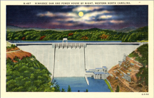 Hiwassee Dam & Power House in Moonlight Western North Carolina Vintage Postcard (unused) - Vintage Postcard Boutique