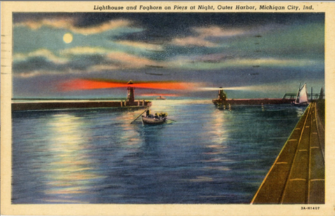 Michigan City Indiana Lighthouse & Foghorn on Outer Harbor Piers at Night Vintage Postcard 1952 - Vintage Postcard Boutique