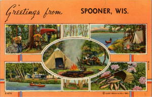 Spooner Wisconsin Multi View Camping Boating Vintage Postcard 1948 - Vintage Postcard Boutique